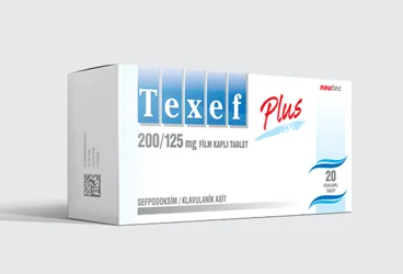 TEXEF PLUS 200/125 MG FILM KAPLI TABLET (20 FILM KAPLI TABLET) kutusu, film kaplı tablet formunda sefpodoksim + klavulanik asid içerir. Üretici: NEUTEC İLAÇ SANAYİ TİCARET ANONİM ŞİRKETİ.