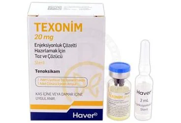 TEXONIM 20 MG ENJEKSIYONLUK COZELTI HAZIRLAMAK IÇIN TOZ VE COZUCU (1 FLAKON, 1 AMPUL) (tenoksikam) kutusu, çözelti. Üretici: HAVER TRAKYA İLAÇ SANAYİ VE TİCARET ANONİM ŞİRKETİ.