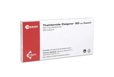 THALIDOMIDE CELGENE 50 MG 28 KAPSUL kutusu. Talidomid içeren kapsül. Üretici: ER-KİM İLAÇ SANAYİ VE TİCARET A.Ş.
