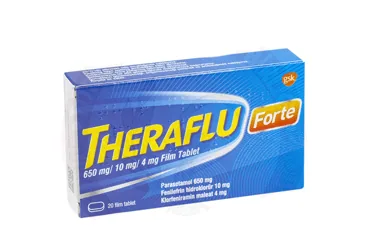 Parasetamol kombinasyon içeren film kaplı tablet: THERAFLU FORTE 650 MG/ 10 MG / 4 MG FILM TABLET ürün ambalajı. Üretici: HALEON TÜKETİCİ SAĞLIĞI ANONİM ŞİRKETİ.