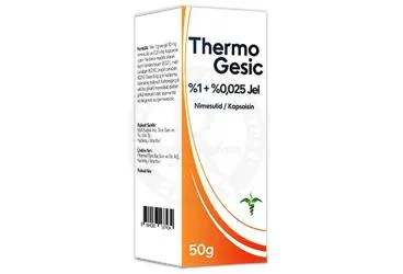 Nimesulid  + kapsaisin içeren jel: THERMO GESIC %1 + %0,025 JEL (50 GR) kutu fotoğrafı. Üretici: SGA SAĞLIK HİZMETLERİ DANIŞMANLIK SANAYİ VE TİCARET LİMİTED ŞİRKETİ.