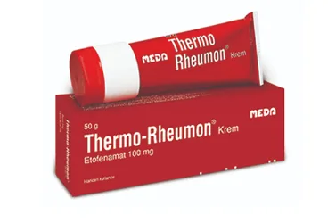 Etofenamat -topikal içeren krem: THERMO-RHEUMON 100 MG/G+ 10 MG/G KREM (50 G) ürün ambalajı. Üretici: VİATRİS İLAÇLARI LİMİTED ŞİRKETİ.