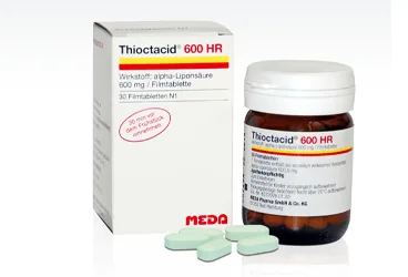 Tioctic acid içeren film kaplı tablet: THIOCTACID 600 MG FILM KAPLI TABLET (30 TABLET) ürün ambalajı. Üretici: VİATRİS İLAÇLARI LİMİTED ŞİRKETİ.