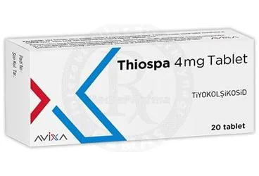 Tiyokolşikosid içeren tablet: THIOSPA 4 MG TABLET (20 TABLET) ambalajı. Üretici: AVİXA İLAÇ SANAYİ VE TİCARET ANONİM ŞİRKETİ.