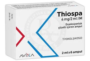 THIOSPA 4MG /2ML 6 AMPUL kutusu, ampul formunda tiyokolşikosid içerir. Üretici: AVİXA İLAÇ SANAYİ VE TİCARET ANONİM ŞİRKETİ.