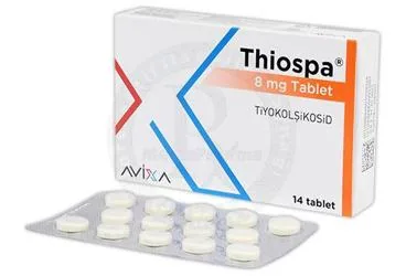 THIOSPA 8 MG 14 TABLET (tiyokolşikosid) ürün ambalajı, tablet. Üretici: AVİXA İLAÇ SANAYİ VE TİCARET ANONİM ŞİRKETİ.