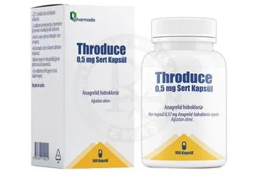 THRODUCE 0.5 MG SERT KAPSUL (100 KAPSUL) kutusu, kapsül formunda anagrelid içerir. Üretici: PHARMADA İLAÇ SANAYİ VE TİCARET A.Ş.