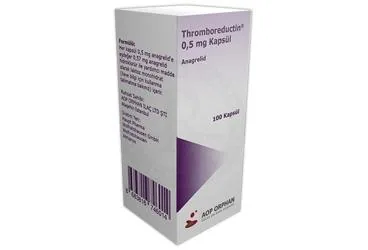 THROMBOREDUCTIN 0,5 MG 100 KAPSUL ambalajı. Anagrelid içeren kapsül. Üretici: AOP ORPHAN İLAÇ LİMİTED ŞİRKETİ.