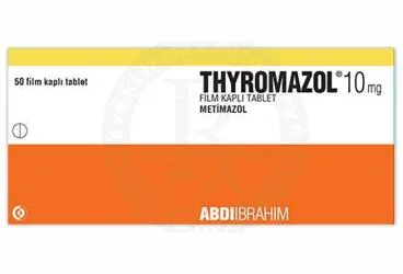 THYROMAZOL 10 MG FILM KAPLI TABLET (50 TABLET) (metimazole) kutu fotoğrafı, film kaplı tablet. Üretici: ABDİ İBRAHİM İLAÇ SANAYİ VE TİCARET A.Ş.