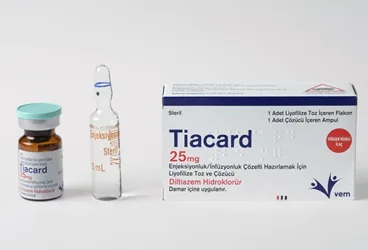 TIACARD 25 MG ENJEKSIYONLUK/INFUZYONLUK COZELTI HAZIRLAMAK ICIN LIYOFILIZE TOZ VE COZUCU (1 FLAKON+1 COZUCU AMPUL) (diltiazem hcl) kutu fotoğrafı, çözelti. Üretici: VEM İLAÇ SAN. VE TİC. ANONİM ŞİRKETİ.