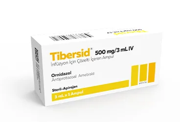 TIBERSID 500 MG/ 3 ML IV INFUZYON ICIN ENJEKSIYONLUK COZELTI (1 AMPUL) kutusu. Ornidazol içeren çözelti. Üretici: MENTA PHARMA İLAÇ SANAYİ VE TİCARET ANONİM ŞİRKETİ.