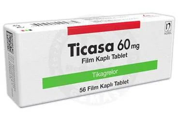 Tikagrelor içeren tablet: TICASA 60 MG FILM KAPLT TABLET (56 TABLET) kutusu. Üretici: NOBEL İLAÇ SAN. VE TİC. A.Ş.