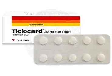TICLOCARD 250 MG 30 FİLM TABLET ürün ambalajı. Tiklopidin içeren film kaplı tablet. Üretici: KOÇAK FARMA İLAÇ VE KİMYA SANAYİ A.Ş.