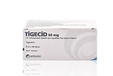 Tigesiklin içeren flakon: TIGECID 50 MG IV INFUZYON COZ. ICIN LIYOFILIZE TOZ ICEREN 10 FLAKON kutusu. Üretici: CENTURİON İLAÇ SANAYİ VE TİCARET ANONİM ŞİRKETİ.