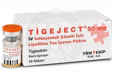 TIGEJECT 50 MG IV INFUZYON COZ. ICIN LIYOFILIZE TOZ ICEREN 10 FLAKON (tigesiklin) kutu fotoğrafı, flakon. Üretici: TÜM - EKİP İLAÇ A.Ş.
