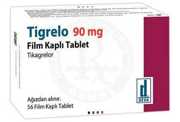 Tikagrelor içeren film kaplı tablet: TIGRELO 90 MG 56 FILM KAPLI TABLET ambalajı. Üretici: DEVA HOLDİNG ANONİM ŞİRKETİ.