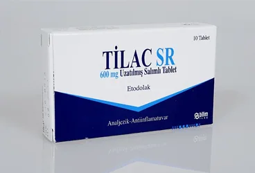 Etodolak içeren tablet: TILAC SR 600 MG 14 UZATILMIS SALIMLI TABLET kutu fotoğrafı. Üretici: BİLİM İLAÇ SANAYİİ VE TİCARET A.Ş.