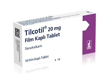 TILCOTIL 20 MG 10 FİLM KAPLI TABLET ürün ambalajı. Tenoksikam içeren film kaplı tablet. Üretici: DEVA HOLDİNG ANONİM ŞİRKETİ.