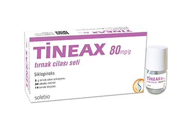 TINEAX 80 MG/G TIRNAK CILASI SETI ambalajı. Etkin maddesi siklopiroksolamin. Üretici: SOLEBİO İLAÇ SANAYİ İTHALAT İHRACAT A.Ş.