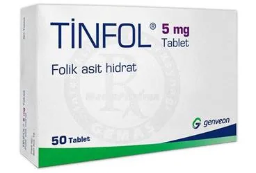 TINFOL 5 MG TABLET (50 TABLET) (vitamin b9 -folik asit) kutusu, tablet. Üretici: GENVEON İLAÇ SANAYİ VE TİCARET ANONİM ŞİRKETİ.
