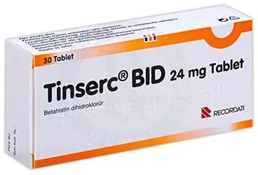 Betahistin dihidroklorid içeren tablet: TINSERC BID 24 MG TABLET (30 TABLET) ambalajı. Üretici: RECORDATİ İLAÇ SANAYİ VE TİCARET ANONİM ŞİRKETİ.