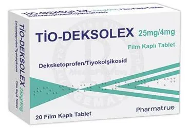 TIO-DEKSOLEX 25 MG/4 MG FILM KAPLI TABLET (20 TABLET) ambalajı, film kaplı tablet formunda deksketoprofen + tiyokolşikozid içerir. Üretici: PHARMATRUE SAĞLIK MALZEMELERİ ANONİM ŞİRKETİ.