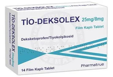 TIO-DEKSOLEX 25 MG/8 MG FILM KAPLI TABLET (14 TABLET) ürün ambalajı, film kaplı tablet formunda deksketoprofen + tiyokolşikozid içerir. Üretici: PHARMATRUE SAĞLIK MALZEMELERİ ANONİM ŞİRKETİ.