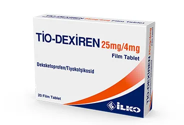 TIO-DEXIREN 25 MG/4 MG 20 FILM TABLET (20 TABLET) (deksketoprofen + tiyokolşikozid) ürün ambalajı, film kaplı tablet. Üretici: İLKO İLAÇ SAN. VE TİC. A.Ş.