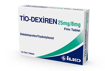 TIO-DEXIREN 25 MG/8 MG FILM TABLET (14 TABLET) ürün ambalajı. Deksketoprofen + tiyokolşikozid içeren film kaplı tablet. Üretici: İLKO İLAÇ SAN. VE TİC. A.Ş.