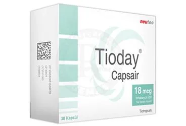 TIODAY CAPSAIR 18 MCG INHALASYON ICIN TOZ ICEREN KAPSUL (30 KAPSUL) ambalajı. Tiotropium bromür monohidrat içeren inhalasyon aerosolü. Üretici: NEUTEC İLAÇ SANAYİ TİCARET ANONİM ŞİRKETİ.