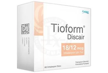 TIOFORM DISCAIR 18/12 MCG INHALASYON ICIN TOZ 60 DOZ ambalajı, inhalasyon aerosolü formunda tiotropium + formoterol içerir. Üretici: CELTİS İLAÇ SANAYİ VE TİCARET ANONİM ŞİRKETİ.