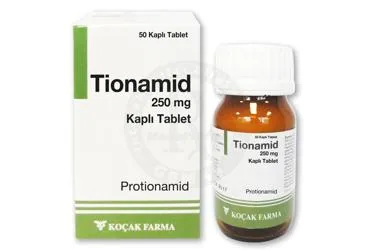 Protionamid içeren tablet: TIONAMID 250 MG KAPLI TABLET (50 KAPLI TABLET) ambalajı. Üretici: KOÇAK FARMA İLAÇ VE KİMYA SANAYİ A.Ş.
