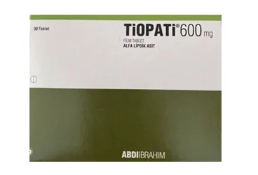 TIOPATI 600 MG 30 FILM TABLET (tioctic acid) kutusu, film kaplı tablet. Üretici: ABDİ İBRAHİM İLAÇ SANAYİ VE TİCARET A.Ş.