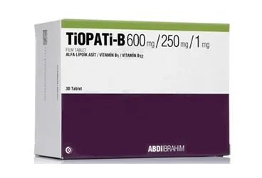 Tioctic acid + vitamin b1 + b12 içeren film kaplı tablet: TIOPATI-B 600MG/250MG/1MG FILM TABLET (30 TABLET) ürün ambalajı. Üretici: ABDİ İBRAHİM İLAÇ SANAYİ VE TİCARET A.Ş.