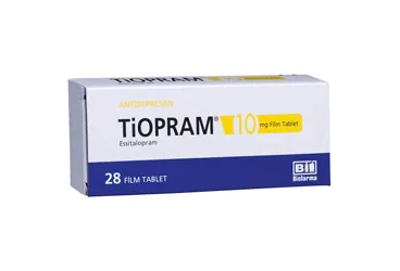 TIOPRAM 10 MG 28 FİLM TABLET (essitalopram) ambalajı, film kaplı tablet. Üretici: BİOFARMA İLAÇ SANAYİ VE TİCARET A.Ş.