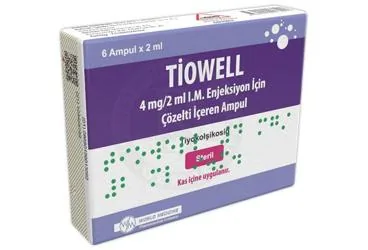TIOWELL 4 MG/2 ML I.M. ENJEKSIYON ICIN COZELTI ICEREN AMPUL (6 AMPUL) ambalajı, çözelti formunda tiyokolşikosid içerir. Üretici: WORLD MEDICINE İLAÇ SAN. VE TİC. A.Ş.