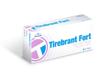 Trimebutin maleat içeren tablet: TIREBRANT FORT 200 MG 40 TABLET ürün ambalajı. Üretici: PHARMACTİVE İLAÇ SAN. VE TİC. A.Ş.