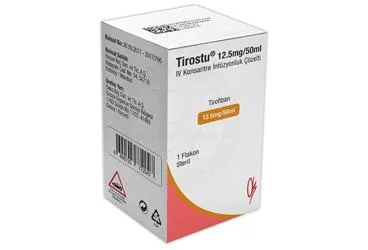 TIROSTU 12,5 MG/50 ML IV KONSANTRE INFUZYONLUK COZELTI (1 FLAKON) ürün ambalajı. Tirofiban hcl içeren çözelti. Üretici: KOÇSEL İLAÇ SANAYİ VE TİCARET ANONİM ŞİRKETİ.