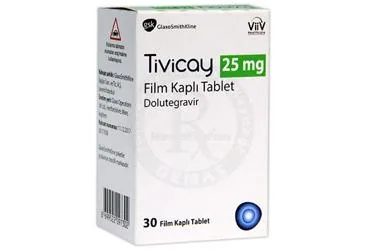 Dolutegravir içeren film kaplı tablet: TIVICAY 25 MG 30 FILM KAPLI TABLET ürün ambalajı. Üretici: GLAXOSMİTHKLİNE İLAÇLARI SAN. VE TİC. A.Ş.