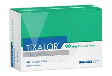 Tikagrelor içeren film kaplı tablet: TIXALOR 90 MG FİLM KAPLI TABLET (56 TABLET) kutu fotoğrafı. Üretici: SANDOZ İLAÇ SANAYİ VE TİCARET A.Ş.