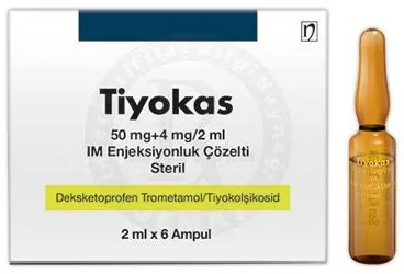 Deksketoprofen + tiyokolşikozid içeren çözelti: TIYOKAS 50 MG+4 MG/2 ML IM ENJEKSIYONLUK COZELTI (6 AMPUL) ambalajı. Üretici: NOBEL İLAÇ SAN. VE TİC. A.Ş.