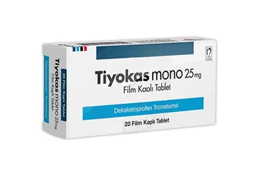 TIYOKAS MONO 25 MG FILM KAPLI TABLET (10 TABLET) ürün ambalajı, film kaplı tablet formunda deksketoprofen içerir. Üretici: NOBEL İLAÇ SAN. VE TİC. A.Ş.