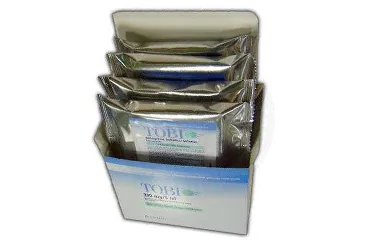 TOBI 300 MG/5 ML NEBULIZASYON ICIN COZELTI (56 AMPUL) ürün ambalajı. Tobramisin içeren çözelti. Üretici: VİATRİS İLAÇLARI LİMİTED ŞİRKETİ.