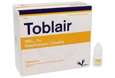 TOBLAIR 300 MG/5 ML NEBULIZASYON COZELTISI (56 AMPUL) kutusu. Tobramisin içeren çözelti. Üretici: VEM İLAÇ SAN. VE TİC. ANONİM ŞİRKETİ.