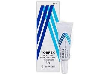 Tobramisin -oftalmik içeren TOBREX %0,3 STERIL OFTALMIK POMAD kutu fotoğrafı. Üretici: NOVARTİS SAĞLIK GIDA VE TARIM ÜRÜNLERİ SANAYİ VE TİCARET ANONİM ŞİRKETİ.