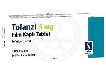 TOFANZI 5 MG FİLM KAPLI TABLET (56 FİLM KAPLI TABLET) kutusu, film kaplı tablet formunda tofasitinib içerir. Üretici: SABA İLAÇ SANAYİİ VE TİCARET ANONİM ŞİRKETİ.