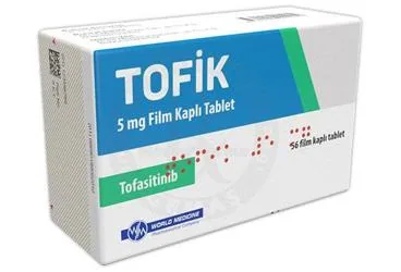 Tofasitinib içeren film kaplı tablet: TOFIK 5 MG FILM KAPLI TABLET (56 TABLET) ambalajı. Üretici: WORLD MEDICINE İLAÇ SAN. VE TİC. A.Ş.