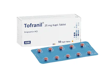 TOFRANIL 25 MG 100 DRAJE kutu fotoğrafı. Etkin maddesi imipramin hidroklorür. Üretici: ASSOS İLAÇ KİMYA GIDA ÜRÜNLERİ ÜRETİM VE TİC. A.Ş.