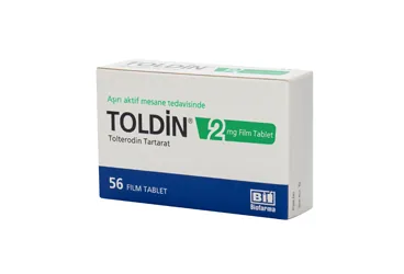TOLDIN 2 MG 56 FILM KAPLI TABLET (tolterodin-l-tartarat) ürün ambalajı, film kaplı tablet. Üretici: BİOFARMA İLAÇ SANAYİ VE TİCARET A.Ş.