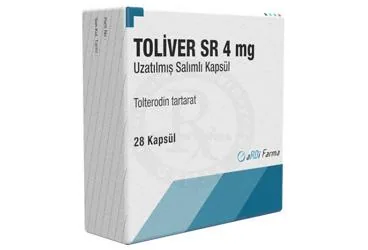 TOLIVER SR 4 MG UZATILMIS SALIMLI KAPSUL (28 KAPSUL) kutu fotoğrafı. Tolterodin-l-tartarat içeren kapsül. Üretici: ARDİ FARMA İLAÇ PAZARLAMA TİC. LTD. ŞTİ.